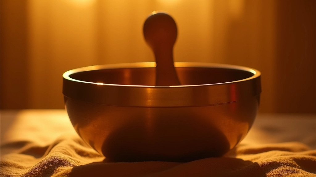 Klangschale mit auf dem Rand ruhendem Mallet, warme Studiobeleuchtung mit Bokeh-Hintergrund, professionelle Präsentation