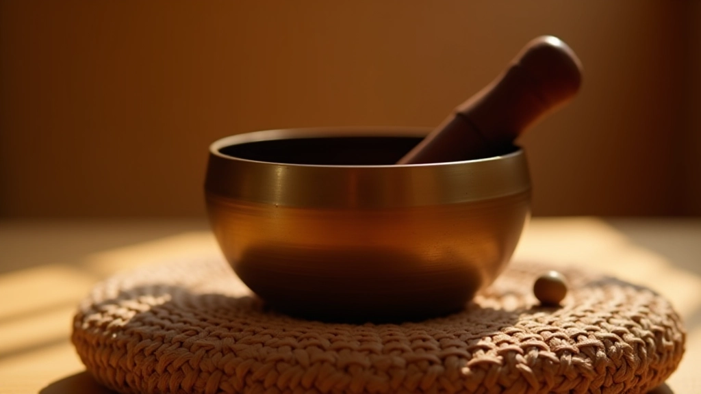 Nahaufnahme von Gesangsschale mit Holzhammer daneben auf Meditationskissen, warmes Studioambiente