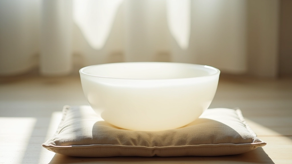 Kristallgesangsschale in gefrorenem Quarzmaterial, positioniert auf weißem Meditationskissen mit weichem natürlichem Licht