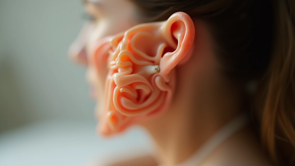 Nahaufnahme des menschlichen Ohrs mit innerer Struktur, anatomischer Darstellungsstil mit warmer Beleuchtung, flache Schärfentiefe