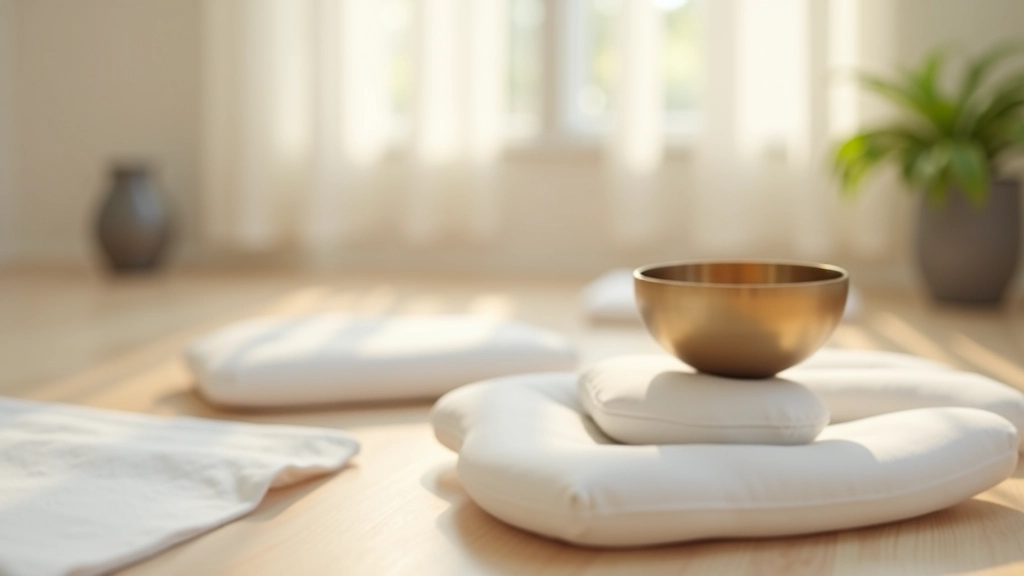 Meditationsraum mit Klangschale und Kristallschale auf Kissen angeordnet, weiche diffuse Beleuchtung