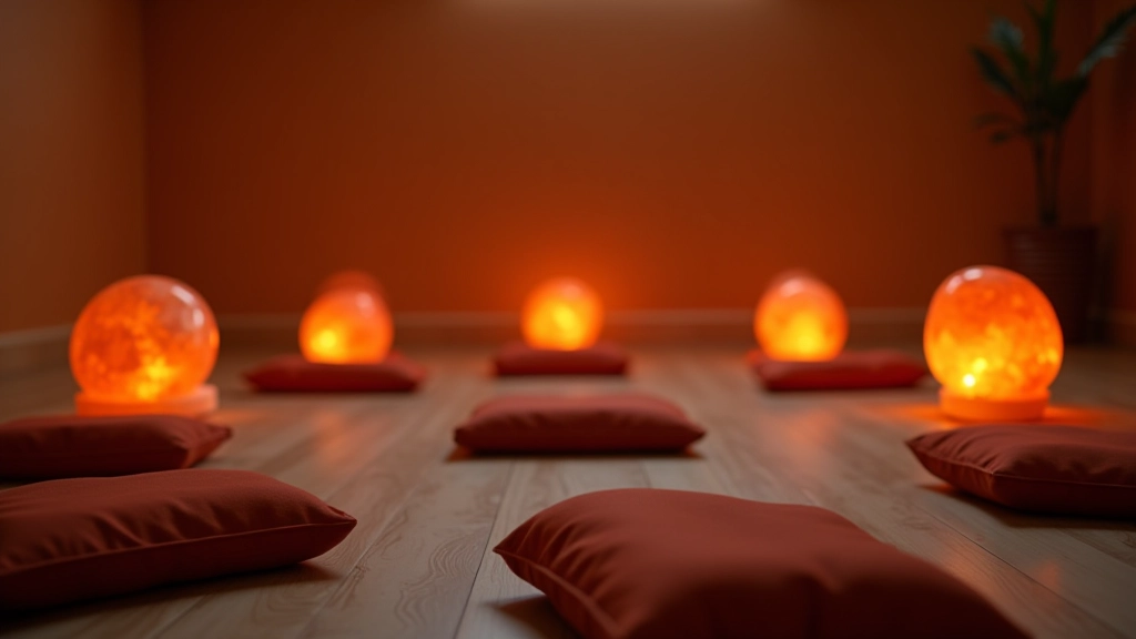 Friedlicher Meditationsraum mit im Kreis angeordneten Kissen, weiches warmes Licht von Himalaya-Salzlampen, ruhige Atmosphäre