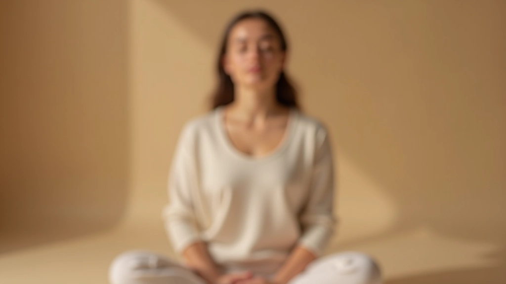 Person, die in Meditation sitzt, mit Händen, die auf Knien ruhen, friedlicher Gesichtsausdruck, ruhige Studioumgebung mit weicher natürlicher Beleuchtung