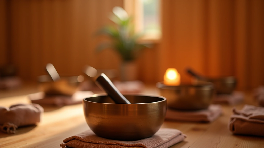Serene Klangbad-Studio mit Klangschalen und Meditationskissen, weiche Umgebungsbeleuchtung, die eine friedliche Atmosphäre schafft