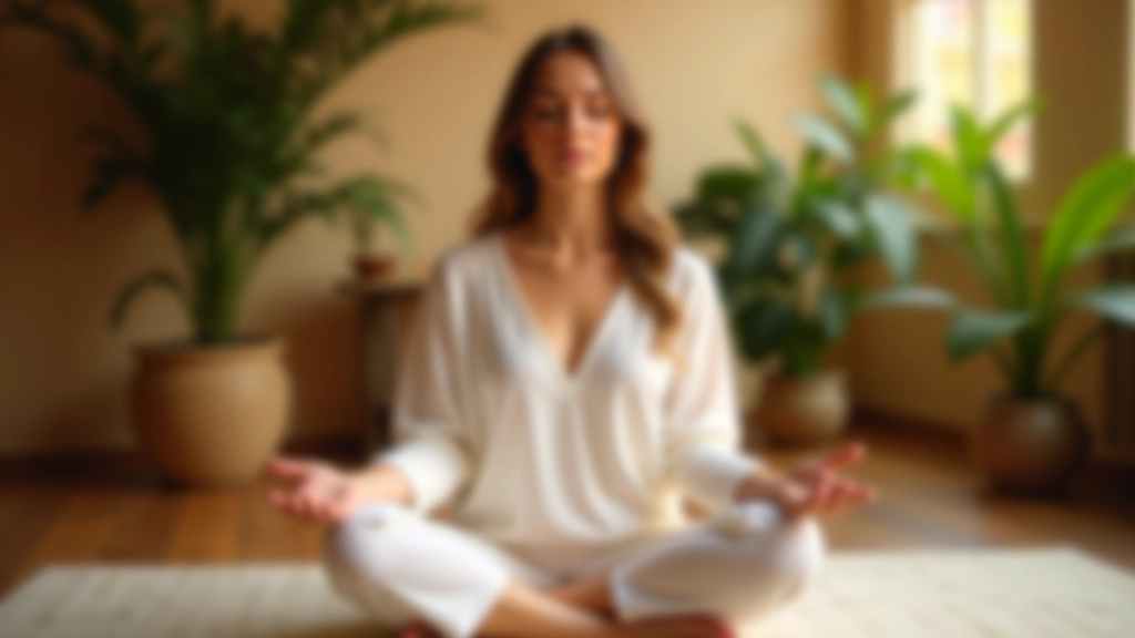 Frau sitzt in friedlicher Meditation mit geschlossenen Augen, ruhiges Indoor-Studio mit weicher Beleuchtung