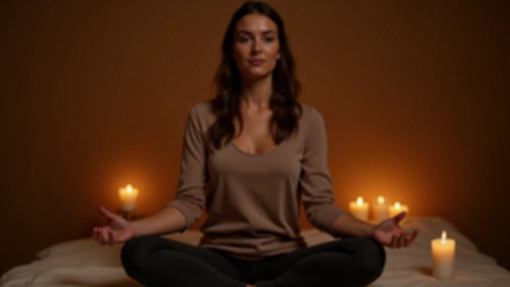Frau sitzt in friedlicher Meditation mit Kerzen im Hintergrund, ruhiger Gesichtsausdruck, warmes Licht im Gesicht